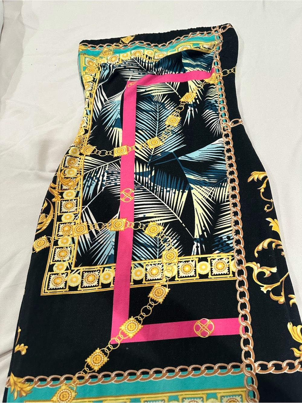 Tropical Chain Print Strapless Dress - Black, Turquoise, Pink, Gold